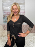 Black with Leopard Trim Long Sleeve Pajama Top