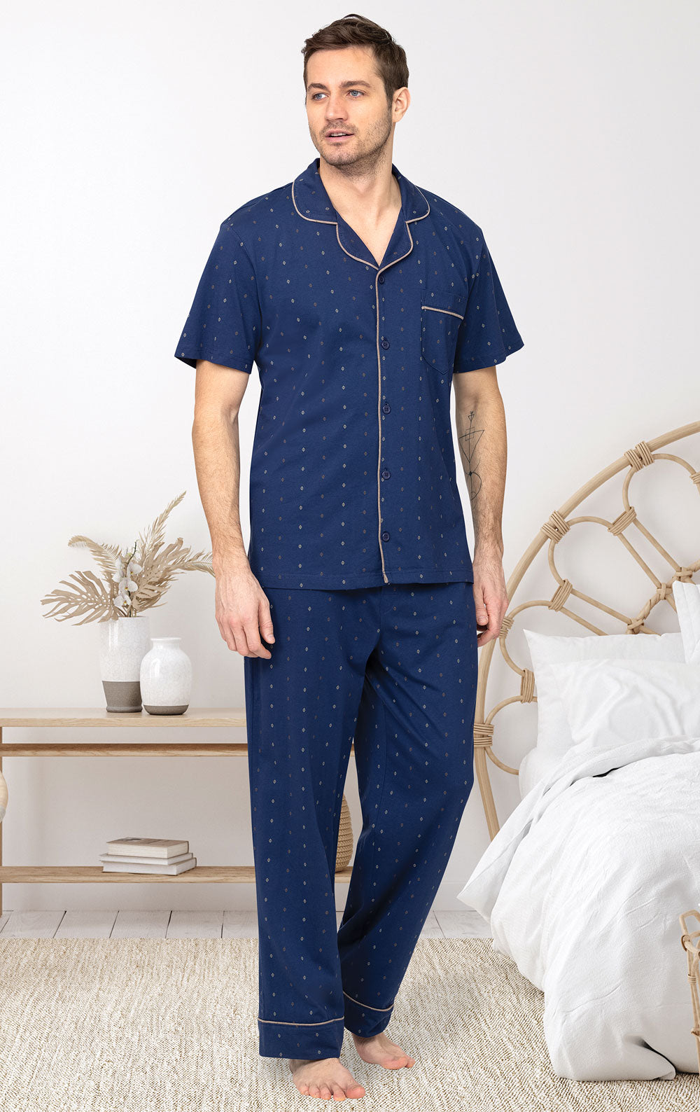 Printed Short Sleeve Button-Front Men's Pajamas- Final Sale